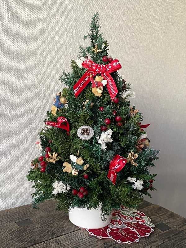 キュートなクリスマスツリーアレンジ プリザーブドのヒムロスギやヒバなどを数種類混ぜて変化を付けたツリー型のベースに、さまざまな木の実やリボン・小さなオーナメントなどを飾ったツリーアレンジです。

高さ30センチほどなので、飾る場所を選ば Re oreo Factory ・Bozi