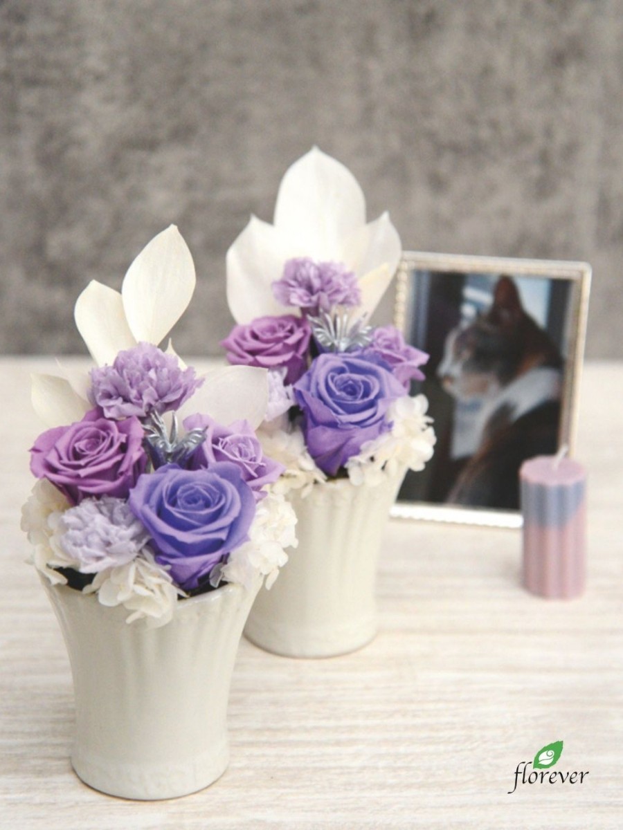【Florever】「ミックスパレット」ラベンダーミックスのお供え花 「ミックスパレット」の新色『ラベンダーミックス』（春夏限定）でお供え花が2個作れます！

「ミックスパレット」（ラベンダーミックス）1箱で1対のお供えアレンジ。
濃淡のグラデーションが取り揃えられた「 フロールエバー
