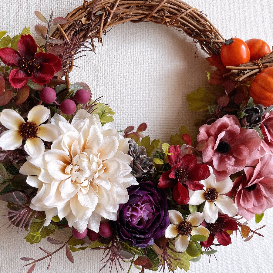 商品名【綾】みーこ♥アンティークジニアの花束風リース✳ 秋冬フラワーリース 商品名【綾】みーこ様専用♥アンティークジニアの花束風リース