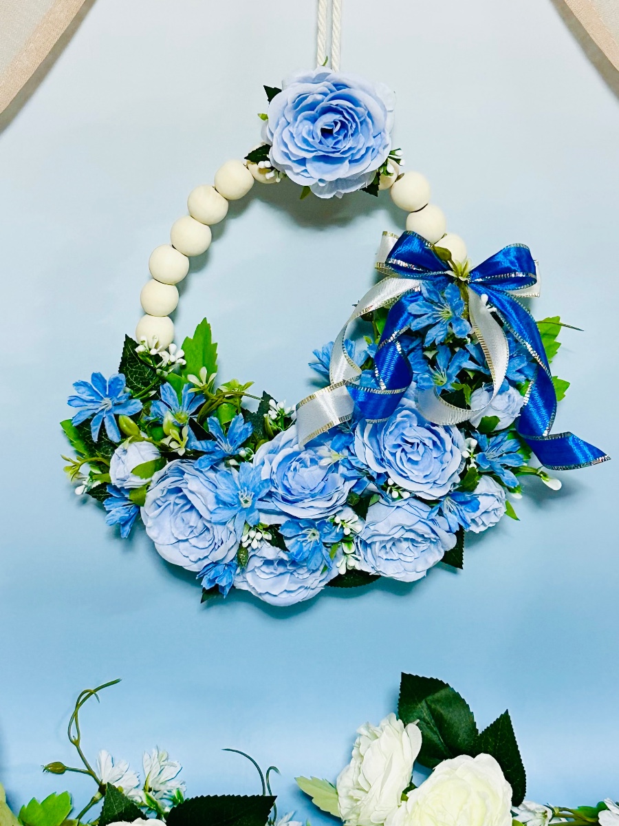 ウッドビーズの華やかリース〜初夏のしらべ〜ティアドロップ