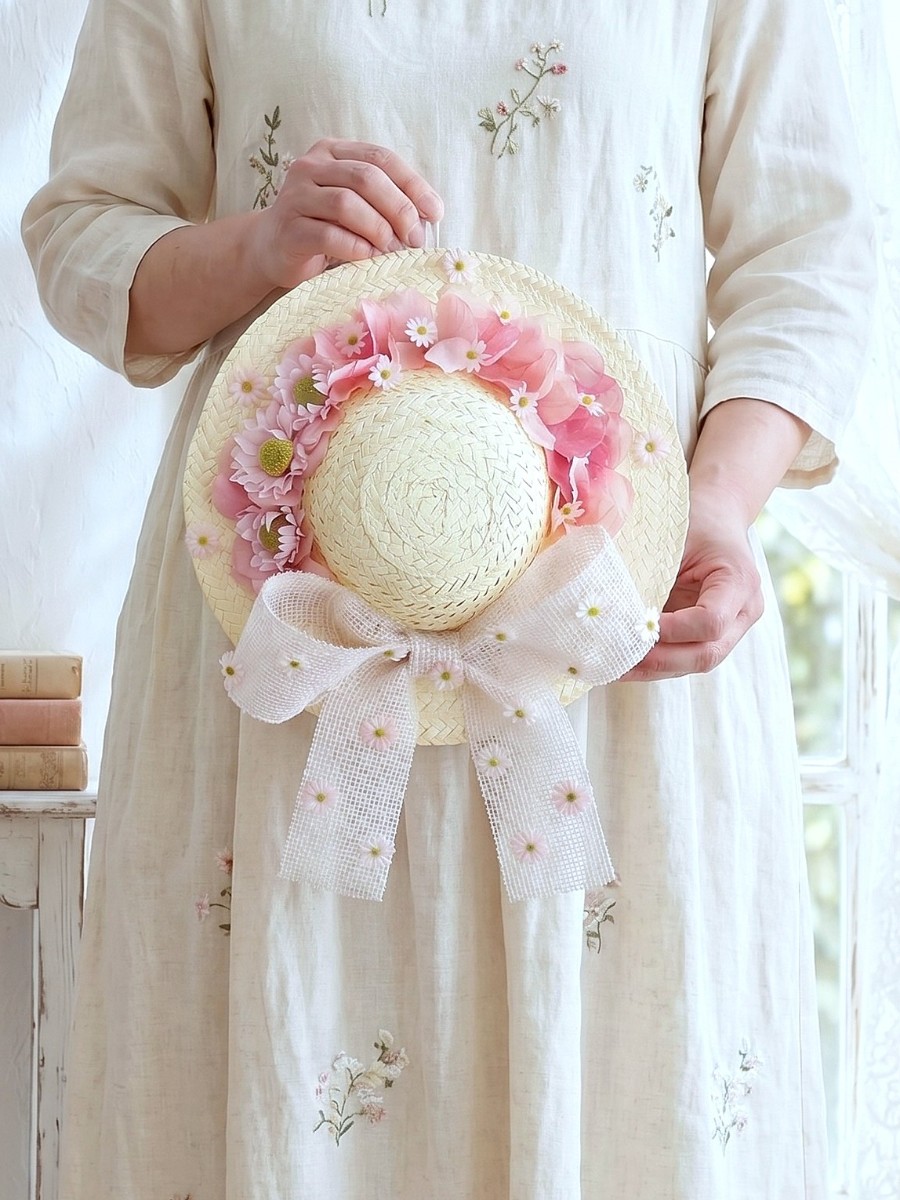 ピンク紫陽花と小花の麦わら帽子リース 