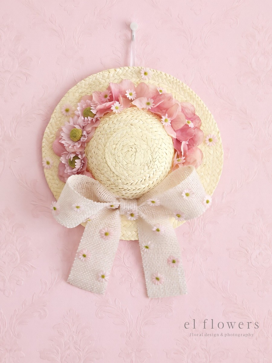 ピンク紫陽花と小花の麦わら帽子リース 