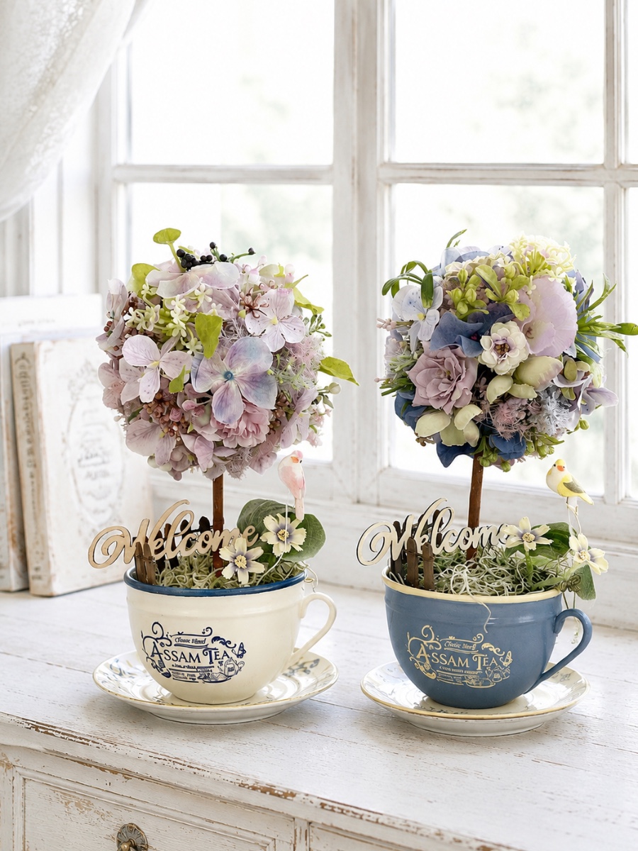 午後のティーガーデン〜紫陽花と葡萄のティーカップトピアリー