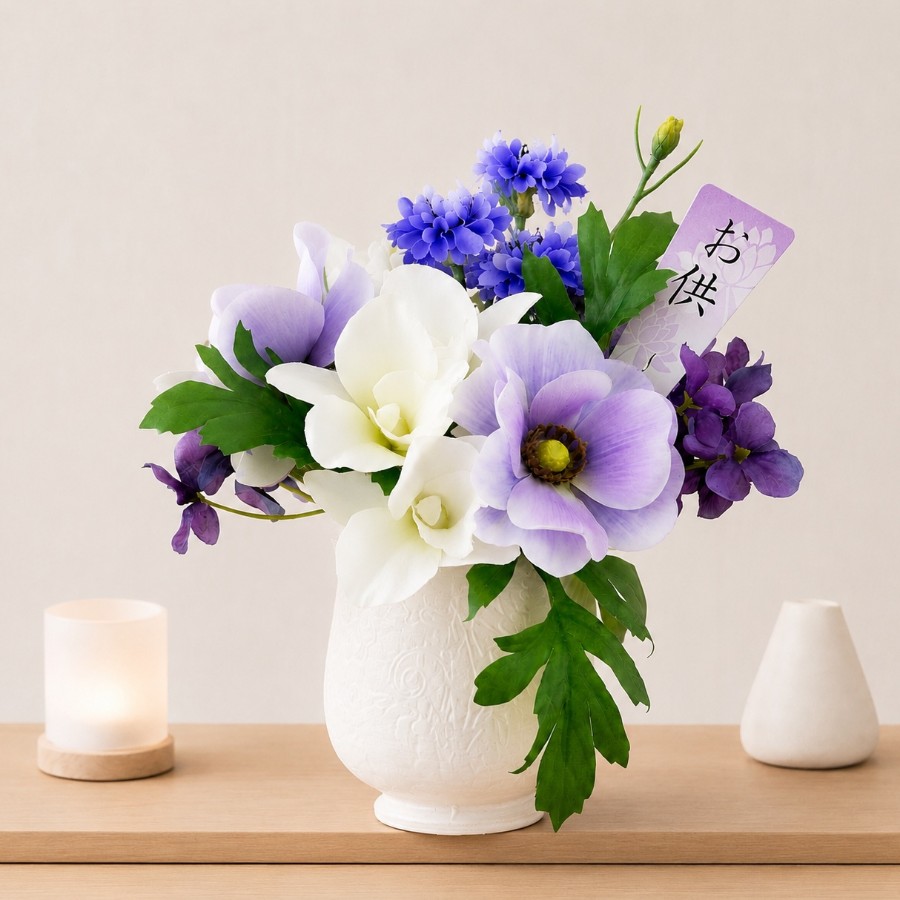 紫のグラデーション仏花｜枯れない花のモダン供花