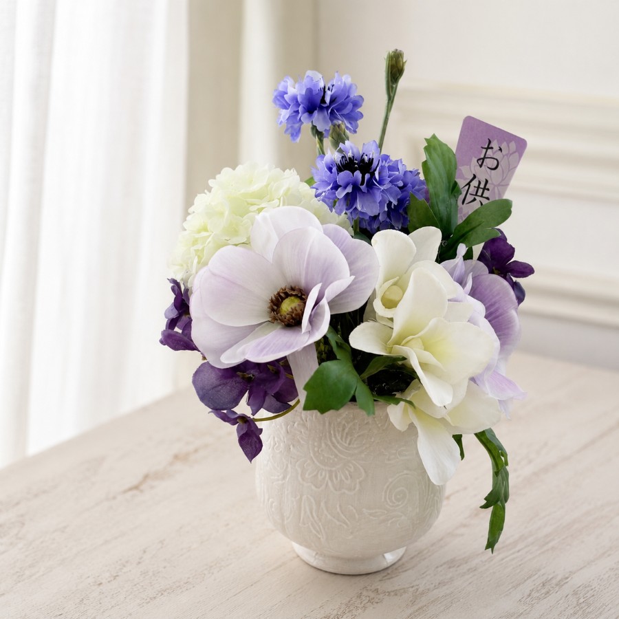 紫のグラデーション仏花｜枯れない花のモダン供花