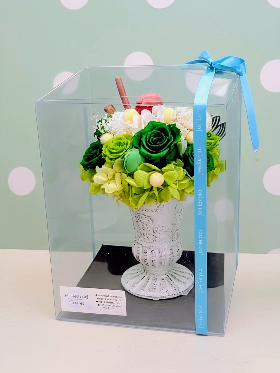クリームソーダ　レトロ風　プリザーブドフラワー　クリアケース入