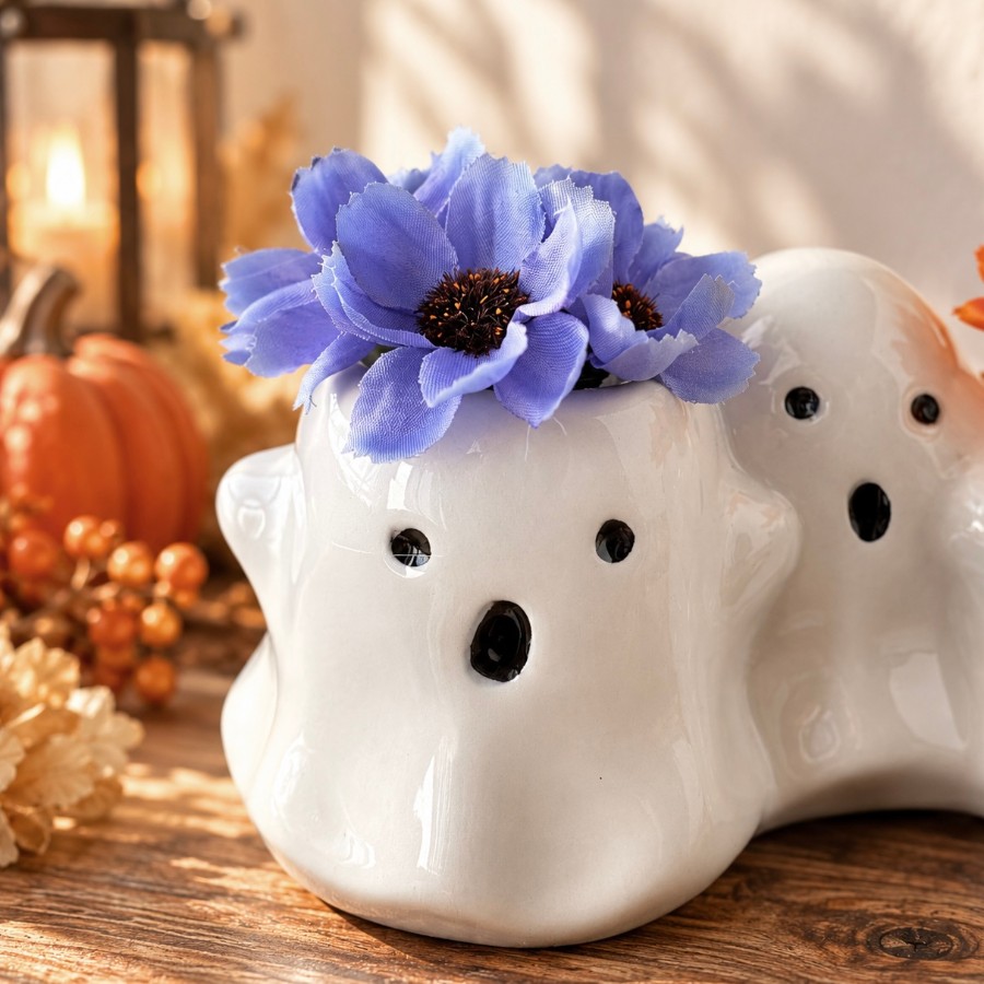 大人かわいいハロウィン「3匹のおばけ」ポットアレンジ｜コスモスとかぼちゃ｜秋のインテリア 3匹のおばけさんが仲良く並んだ、
大人かわいいハロウィンのポットアレンジです。????????????

左のおばけさんには紫色のコスモス、
右のおばけさんには鮮やかなオレンジのコスモスと小さなかぼち koharubiyori