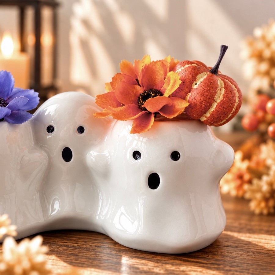 大人かわいいハロウィン「3匹のおばけ」ポットアレンジ｜コスモスとかぼちゃ｜秋のインテリア 3匹のおばけさんが仲良く並んだ、
大人かわいいハロウィンのポットアレンジです。????????????

左のおばけさんには紫色のコスモス、
右のおばけさんには鮮やかなオレンジのコスモスと小さなかぼち koharubiyori
