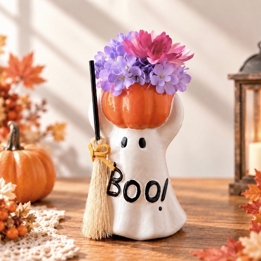 ハロウィンのおばけフラワーアレンジ｜かぼちゃと紫陽花・秋色のお花｜大人かわいい置き飾り｜ほうき付き ちょっぴりおちゃめで可愛い、
おばけさんのハロウィンフラワーアレンジです。????????

頭の上にころんとかぼちゃをのせたおばけさんに、
紫陽花やピンクのお花をふんわりとあしらいました。

紫やピ koharubiyori