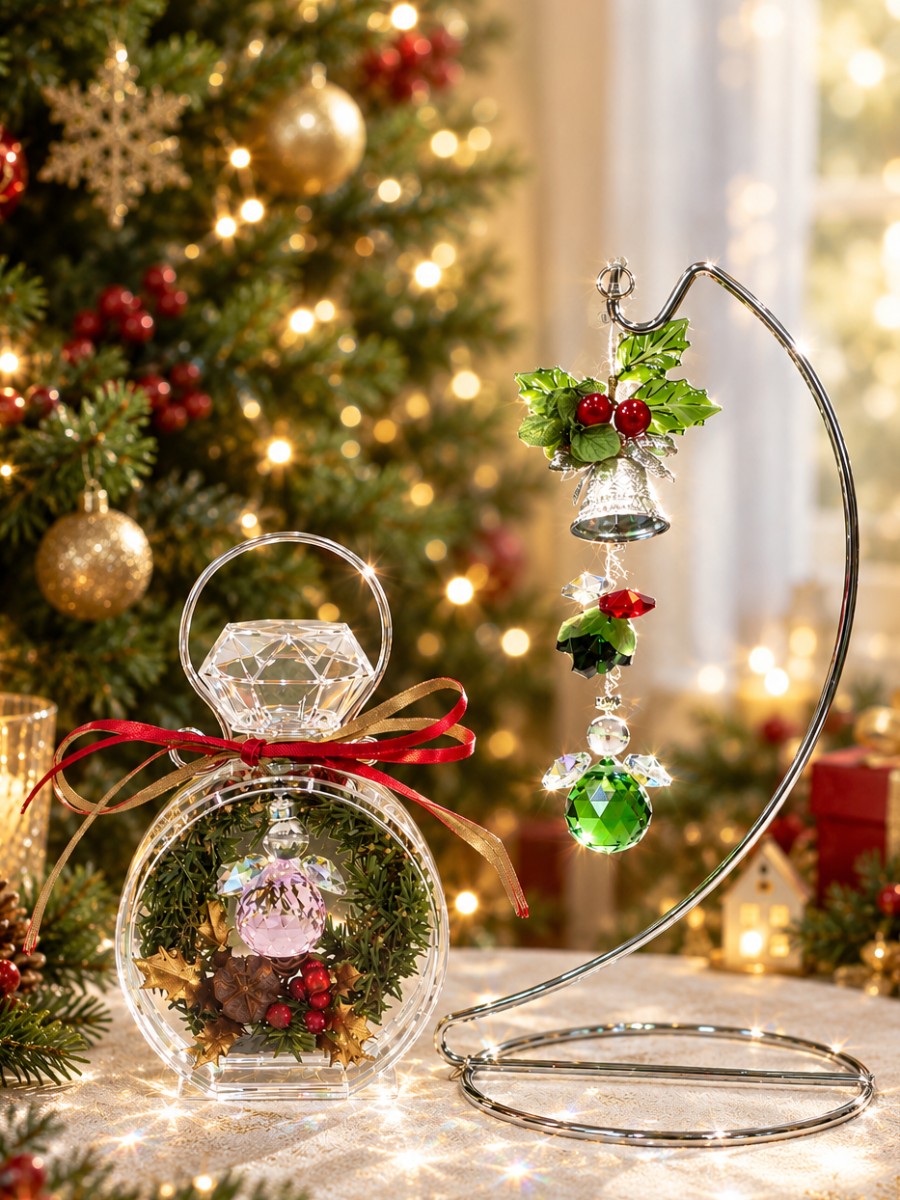 「天使のきらめき」クリスマスアレンジ プロフーモリベラに、ガラスのキラキラパーツ✨で作った小さな天使を入れたクリスマスアレンジ。

透明なケースのプロフーモリベラの中に、クリスマスカラーのグリーンや赤、そして光を受けてきらめくガラスパーツ Hacocoro