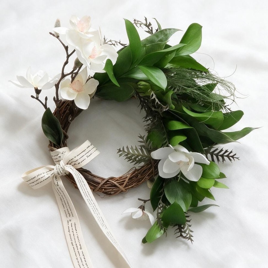 気品溢れるマグノリアのリ−ス 生花の観葉植物と、ア−ティフィシャルフラワーのマグノリアのお花をアレンジメントした、生花リ−スです。
葉は作成して直ぐに乾いてきてドライになり、
葉の香りが漂い、マグノリアのお花は本物のお花の様に美し T.Kサワヤカ