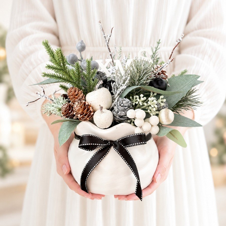 雪りんごとブラックリボンの大人かわいいクリスマスアレンジ???? ❄️ ブラック＆シルバーで楽しむ、大人のクリスマス ❄️

サンタさんのプレゼント袋をイメージした白い花器に、雪りんごや松ぼっくり、シルバーの木の実、雪が積もったようなグリーンをたっぷりとアレンジしま koharubiyori