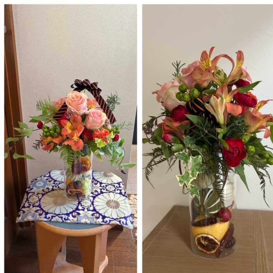 実りの秋????カラーで オレンジと赤をベースに動きのあるアレンジメントにしました
敢えて透明の花瓶をつかって中に秋を感じさせるものを入れて。
季節ごとに中身を変えれば様々なシーンで楽しめます。 シャルムブルジョン