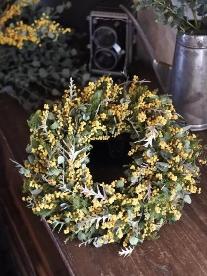 感謝SALE!もりもりミモザのリース 26㎝ 銀葉アカシア 花かんざし 春