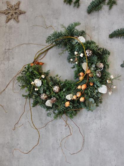 20cm/針葉樹ブルーバードと紫陽花のころんとグリーンリース/Xmas 20cm