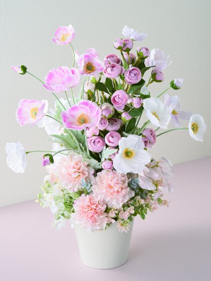 造花】アスカ/ポピー×3 つぼみ×1 ホワイト(ナチュラル加工)/A-35140-1